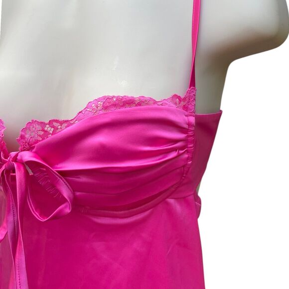 Hot Pink Satin Lace Slip Mini Dress NWT Size Small Ruched Spaghetti Strap Party - Picture 7 of 16